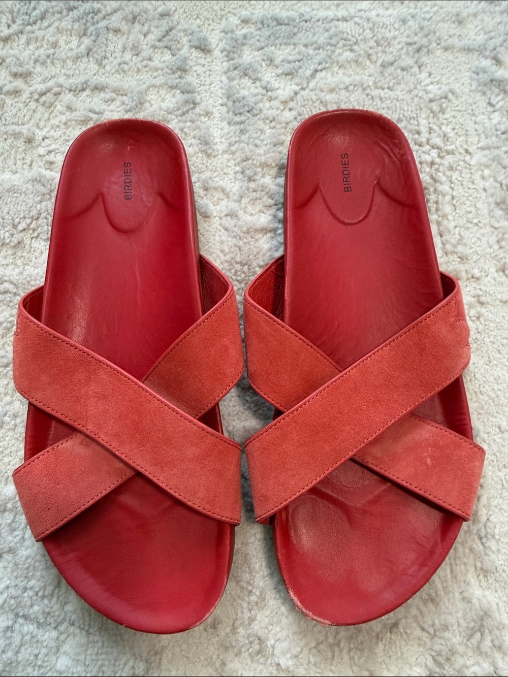 Birdies Red Crisscross Suede Strap Women’s Slides